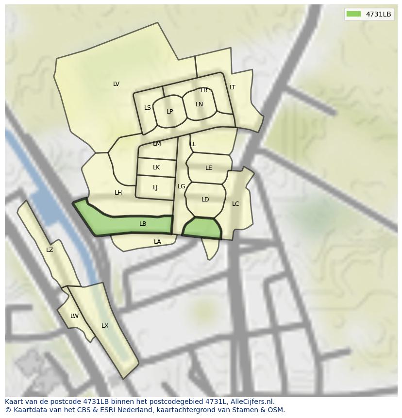 Afbeelding van het postcodegebied 4731 LB op de kaart.
