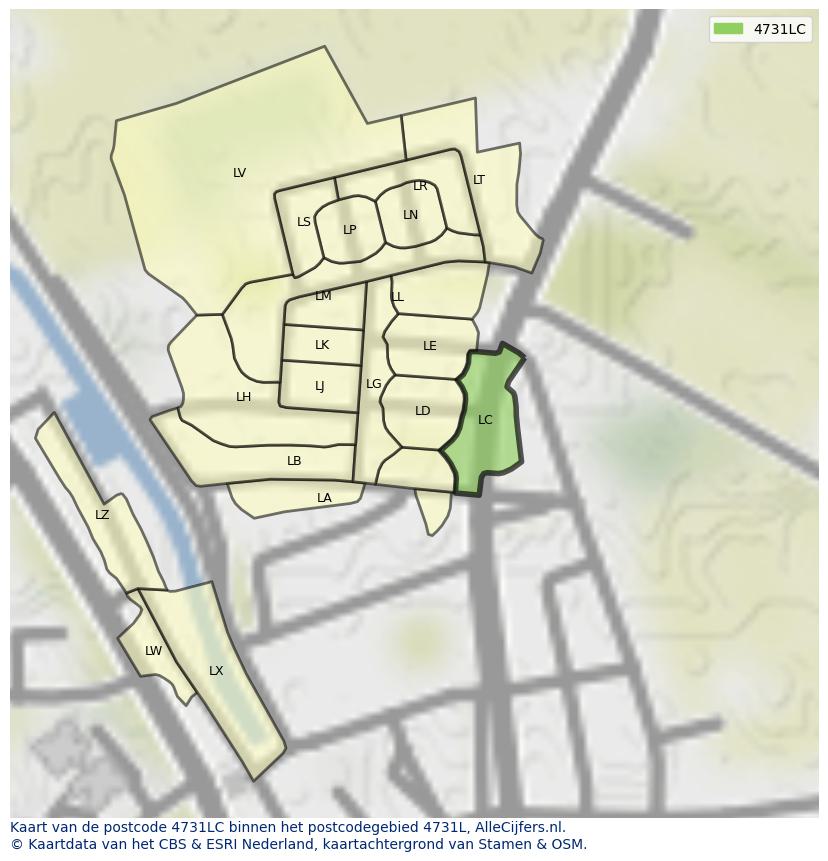 Afbeelding van het postcodegebied 4731 LC op de kaart.