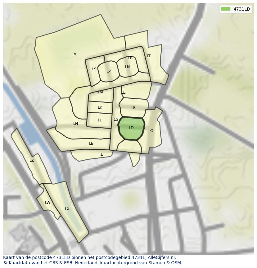 Afbeelding van het postcodegebied 4731 LD op de kaart.