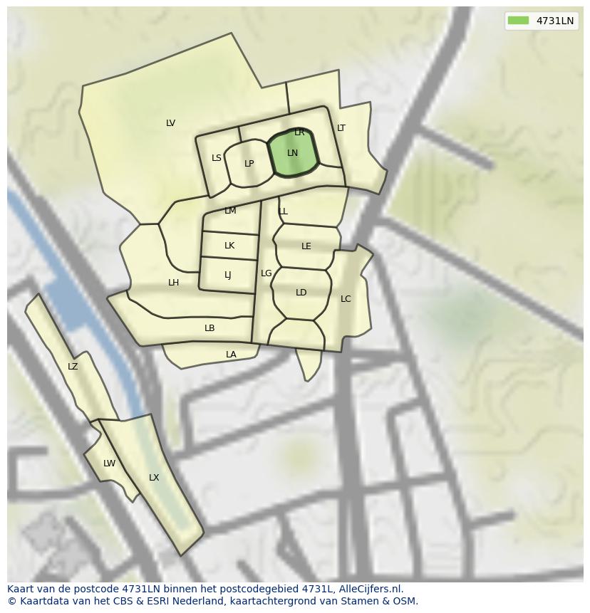 Afbeelding van het postcodegebied 4731 LN op de kaart.