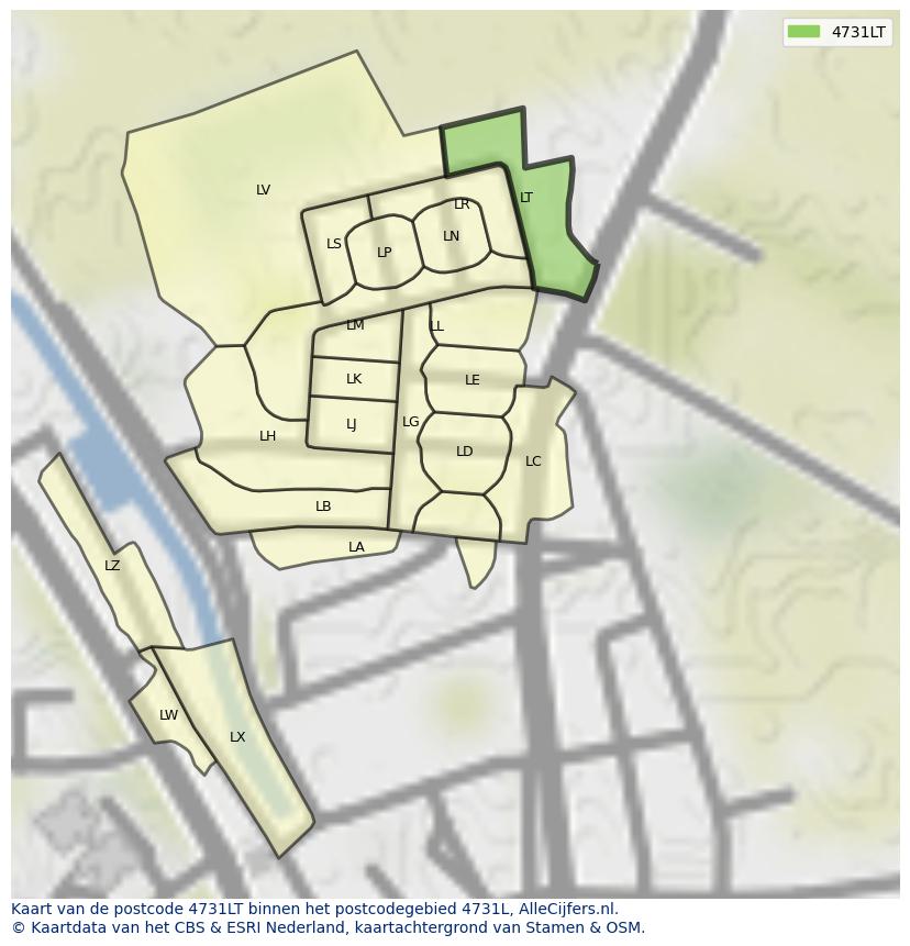 Afbeelding van het postcodegebied 4731 LT op de kaart.