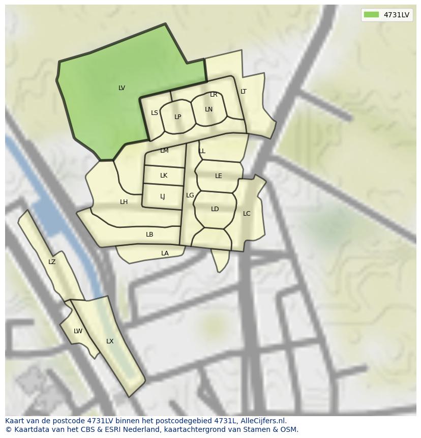 Afbeelding van het postcodegebied 4731 LV op de kaart.