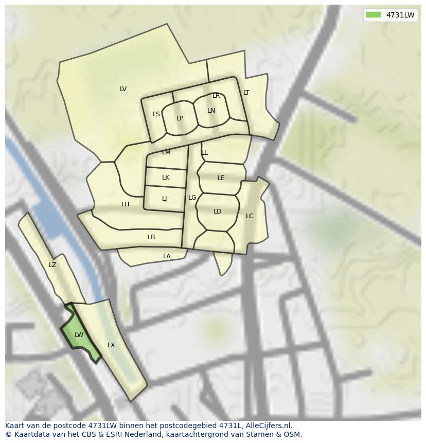 Afbeelding van het postcodegebied 4731 LW op de kaart.