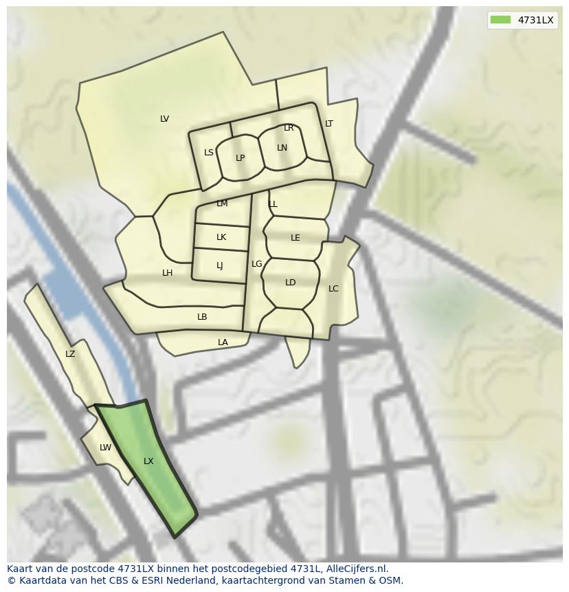 Afbeelding van het postcodegebied 4731 LX op de kaart.