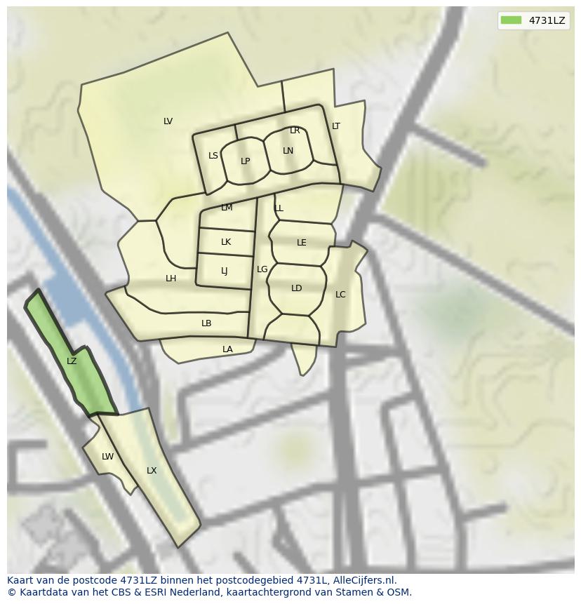 Afbeelding van het postcodegebied 4731 LZ op de kaart.