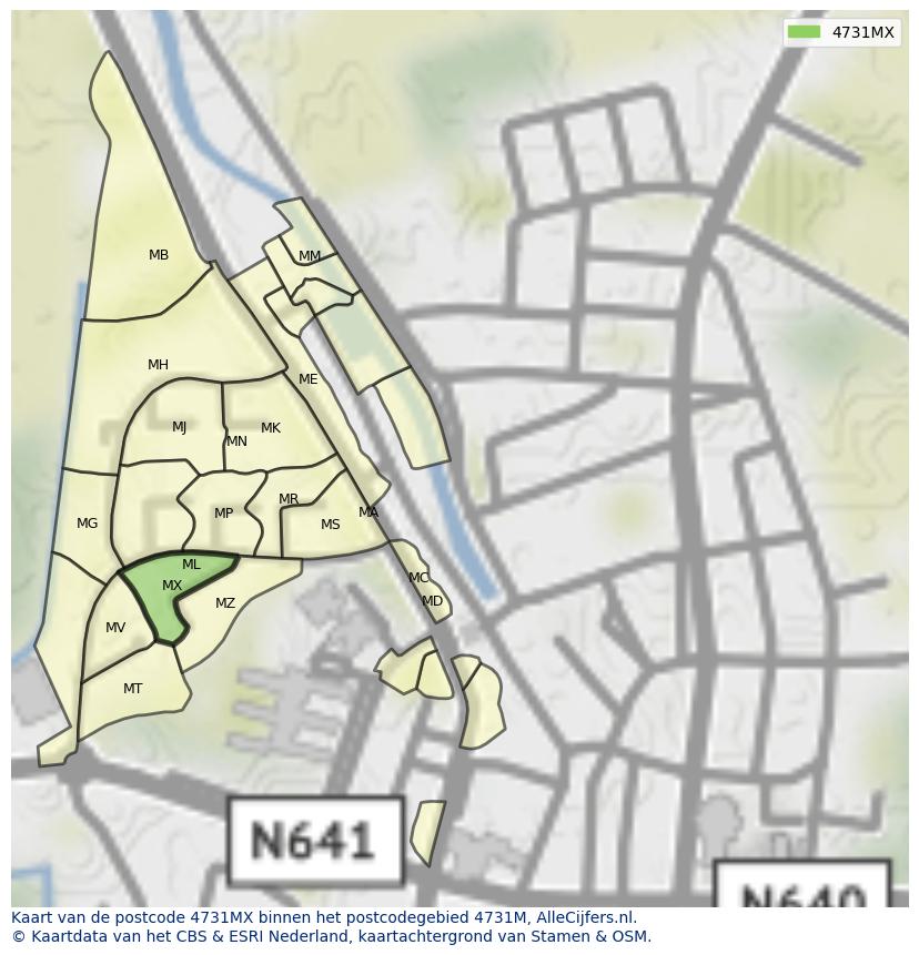 Afbeelding van het postcodegebied 4731 MX op de kaart.