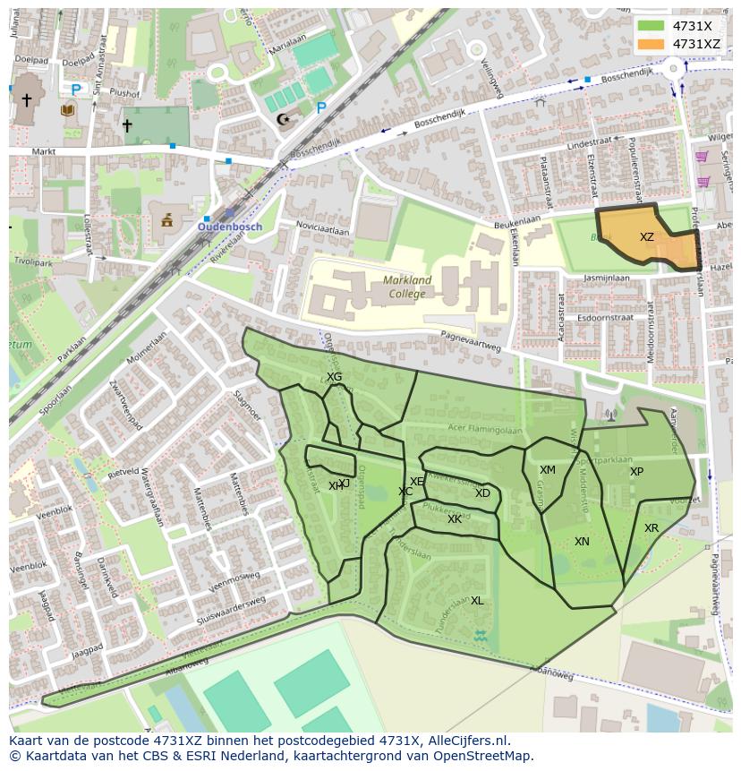 Afbeelding van het postcodegebied 4731 XZ op de kaart.