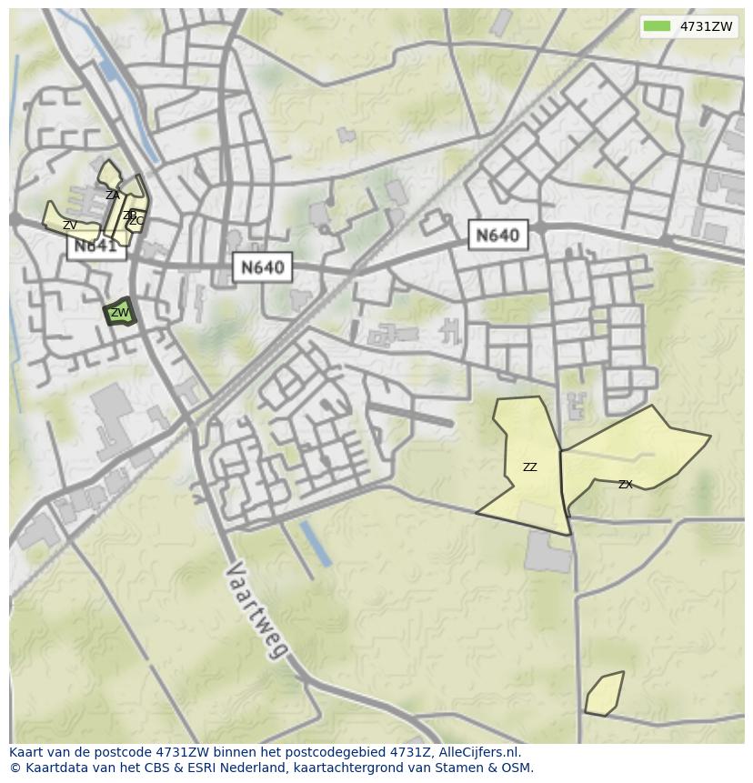 Afbeelding van het postcodegebied 4731 ZW op de kaart.