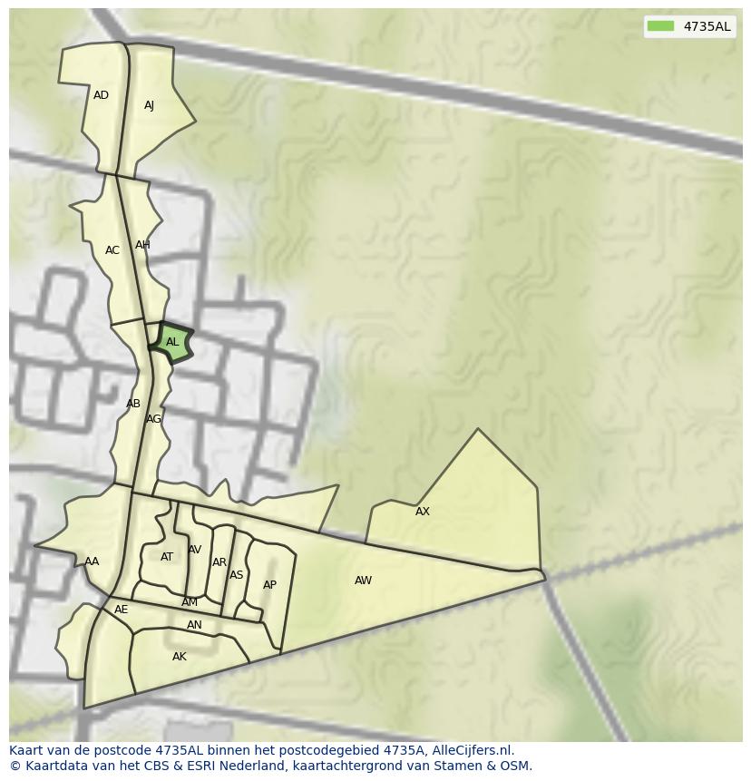 Afbeelding van het postcodegebied 4735 AL op de kaart.