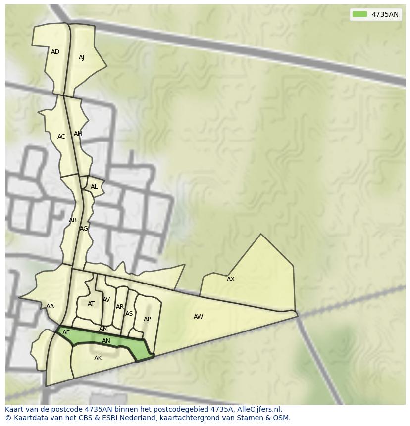 Afbeelding van het postcodegebied 4735 AN op de kaart.