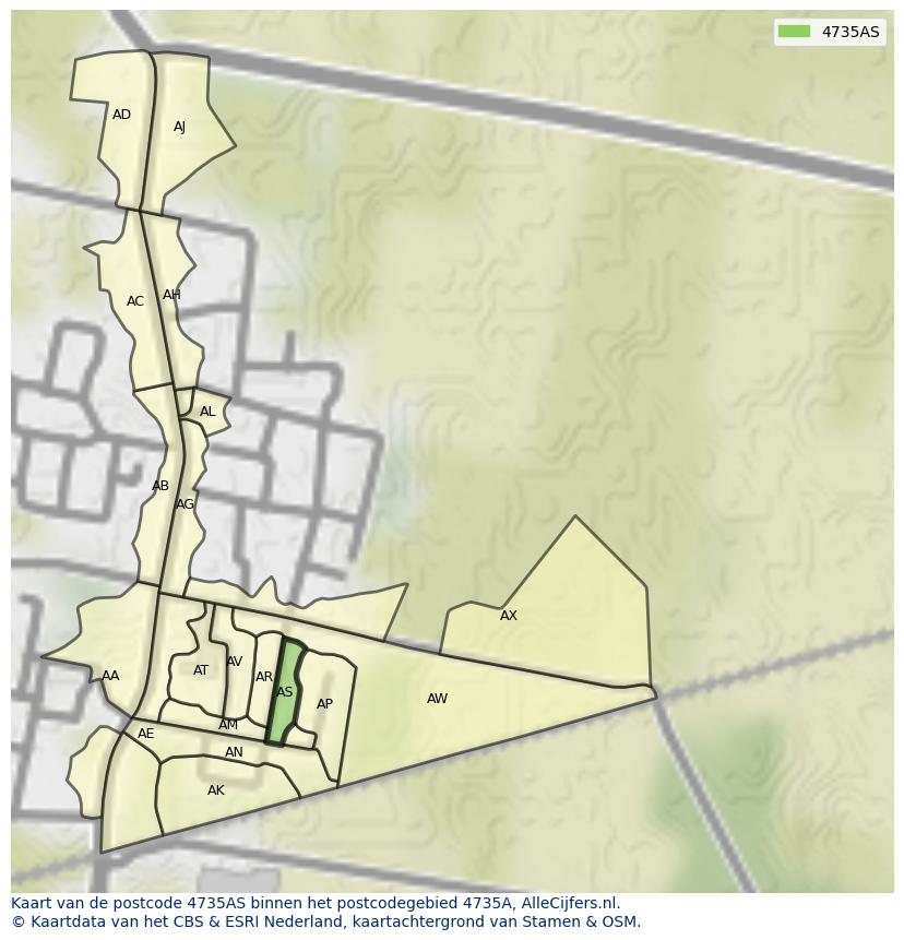 Afbeelding van het postcodegebied 4735 AS op de kaart.