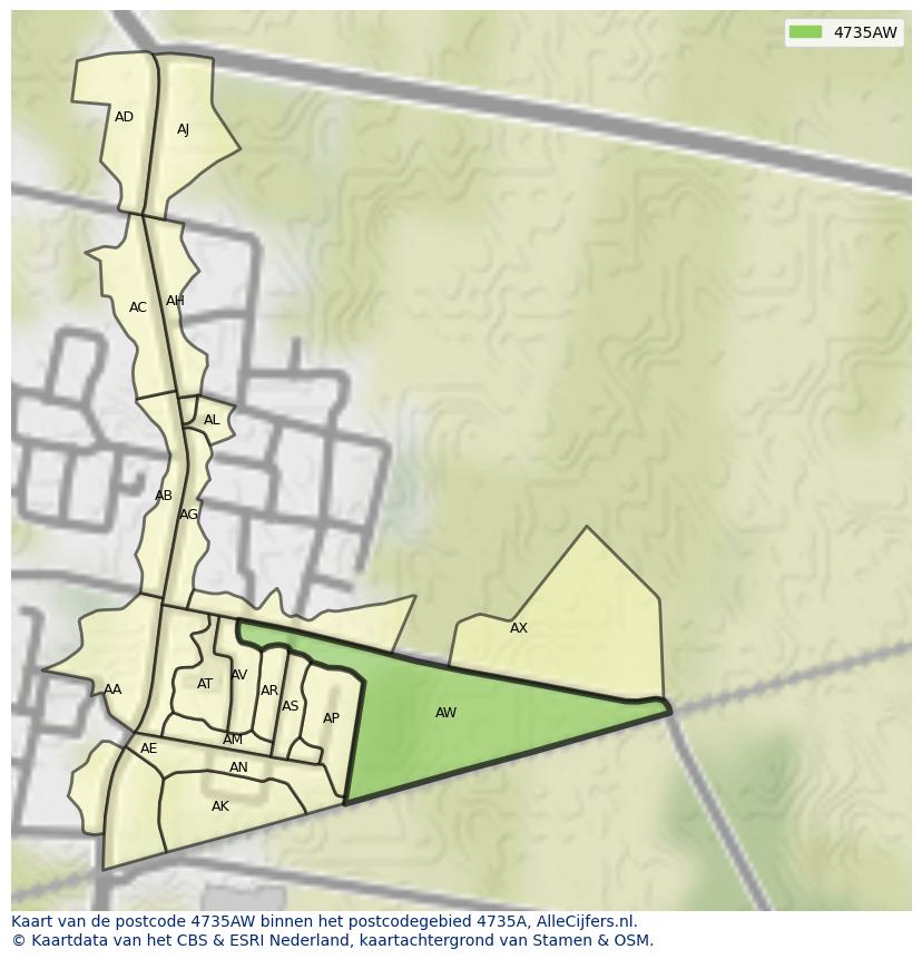 Afbeelding van het postcodegebied 4735 AW op de kaart.