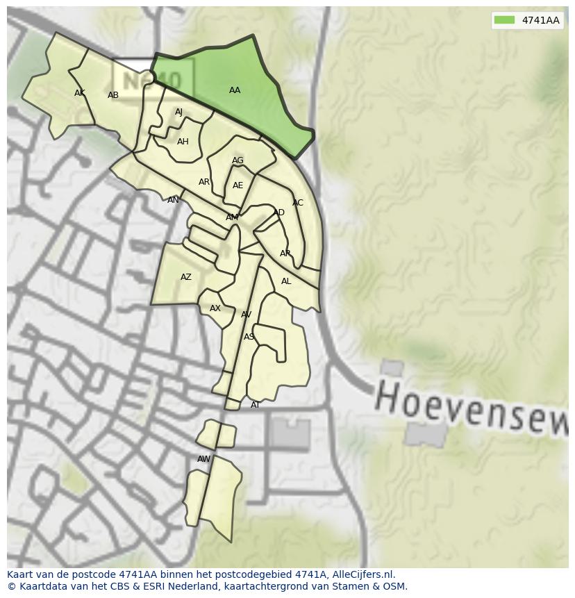 Afbeelding van het postcodegebied 4741 AA op de kaart.