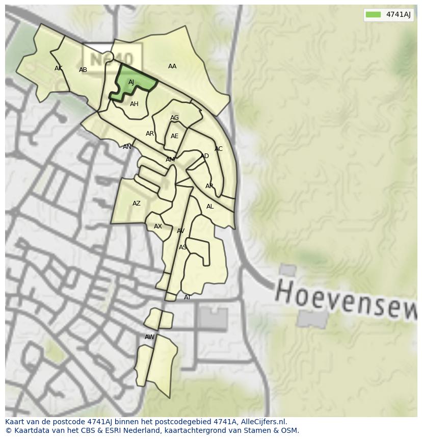 Afbeelding van het postcodegebied 4741 AJ op de kaart.