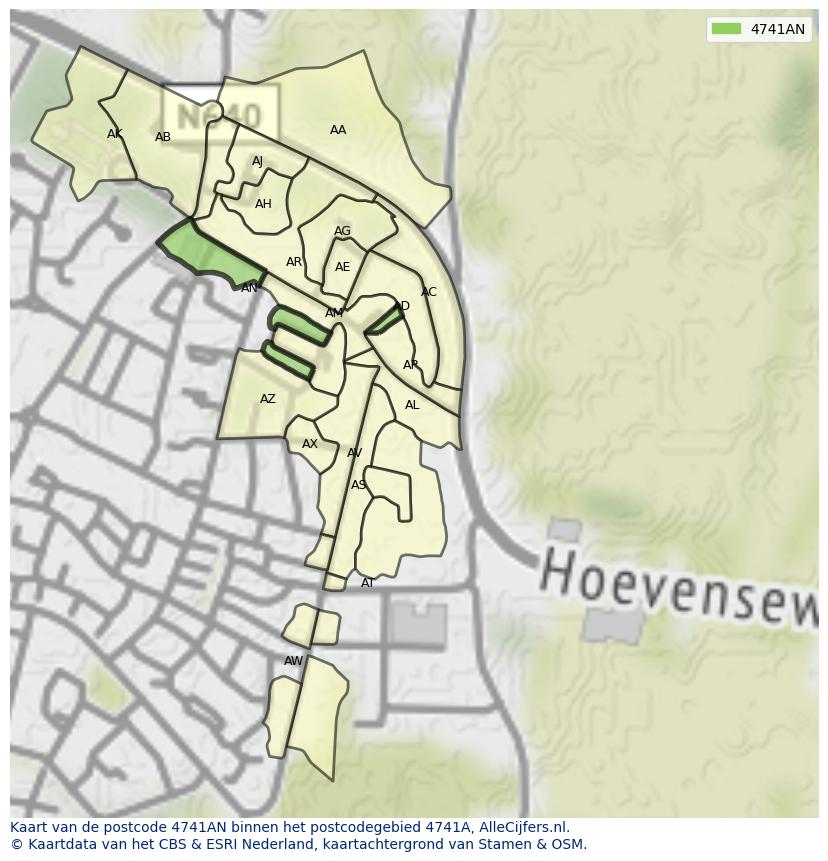 Afbeelding van het postcodegebied 4741 AN op de kaart.