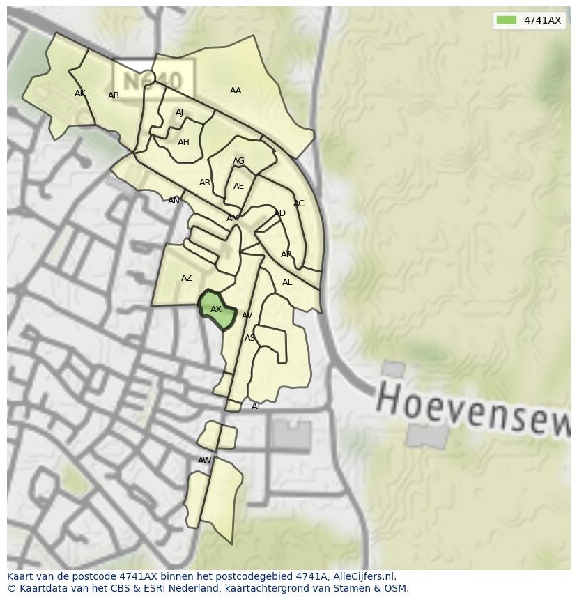 Afbeelding van het postcodegebied 4741 AX op de kaart.