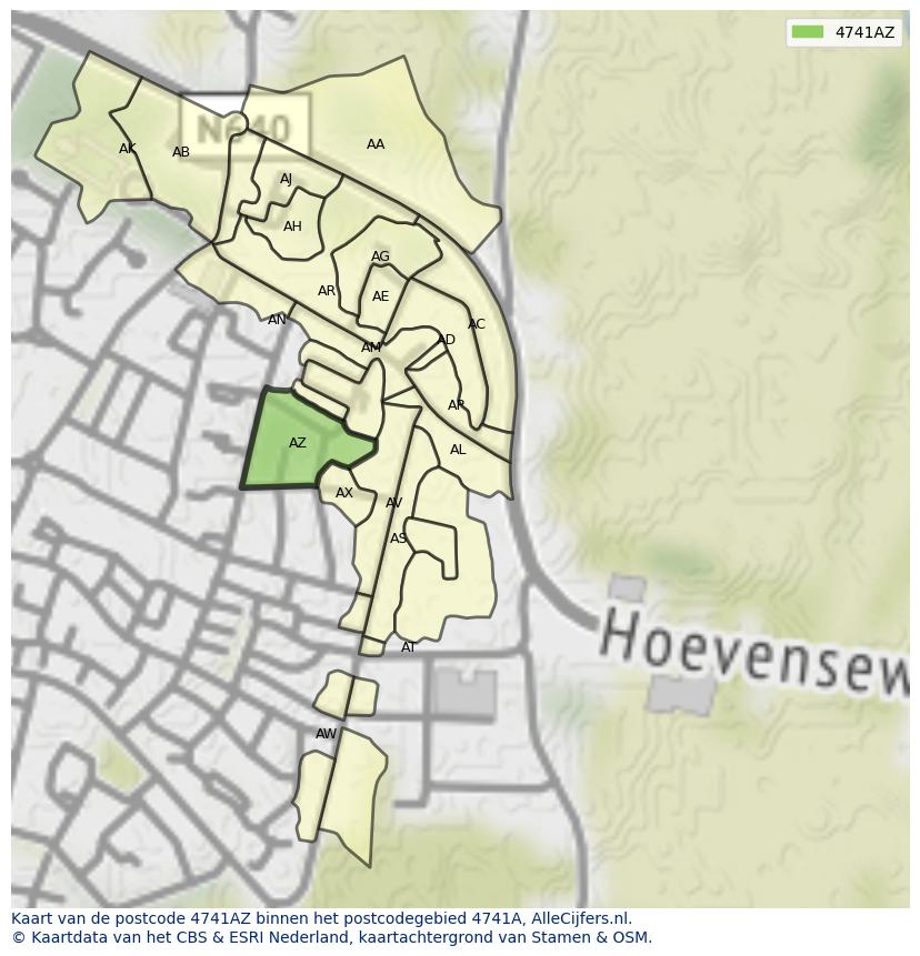 Afbeelding van het postcodegebied 4741 AZ op de kaart.