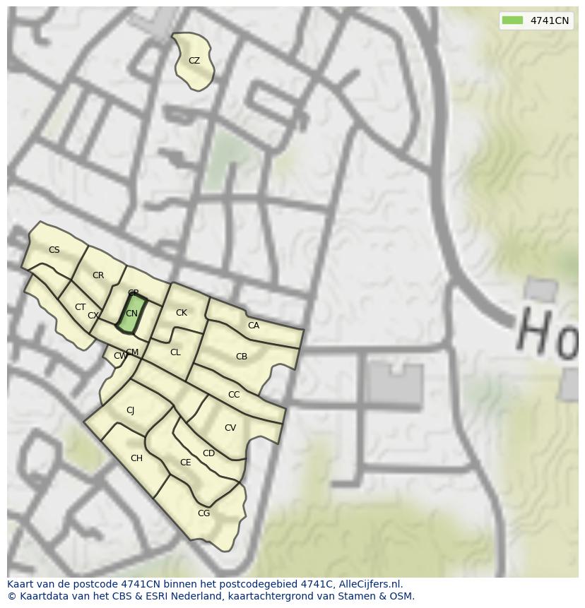 Afbeelding van het postcodegebied 4741 CN op de kaart.