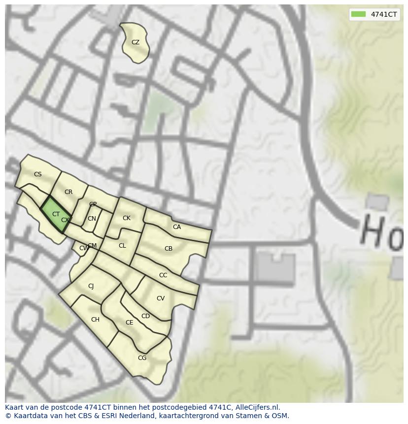 Afbeelding van het postcodegebied 4741 CT op de kaart.
