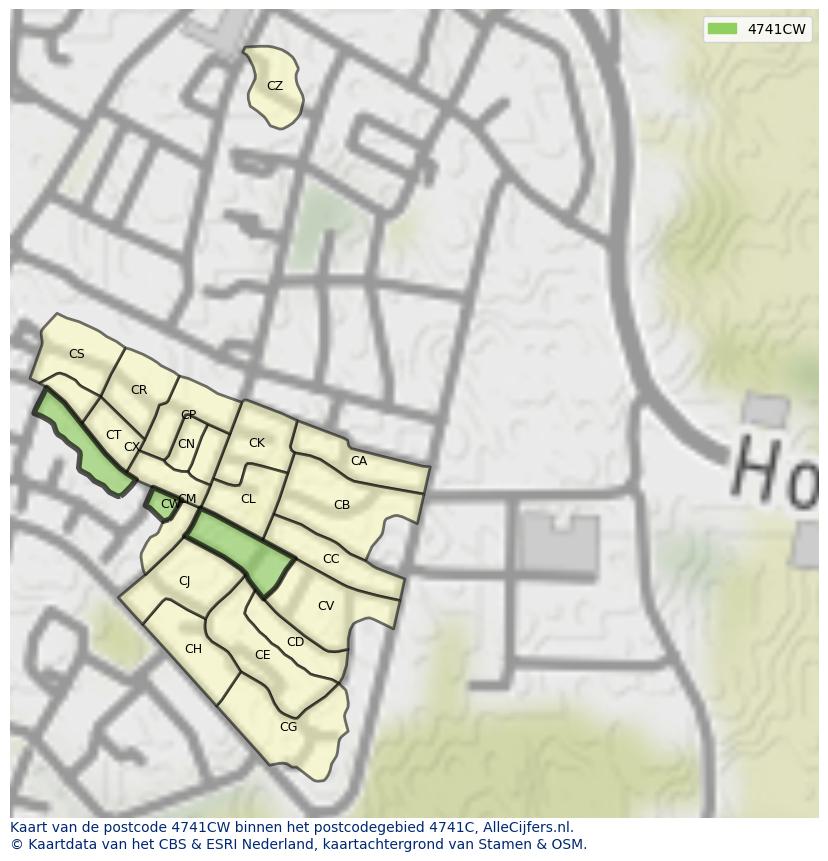Afbeelding van het postcodegebied 4741 CW op de kaart.