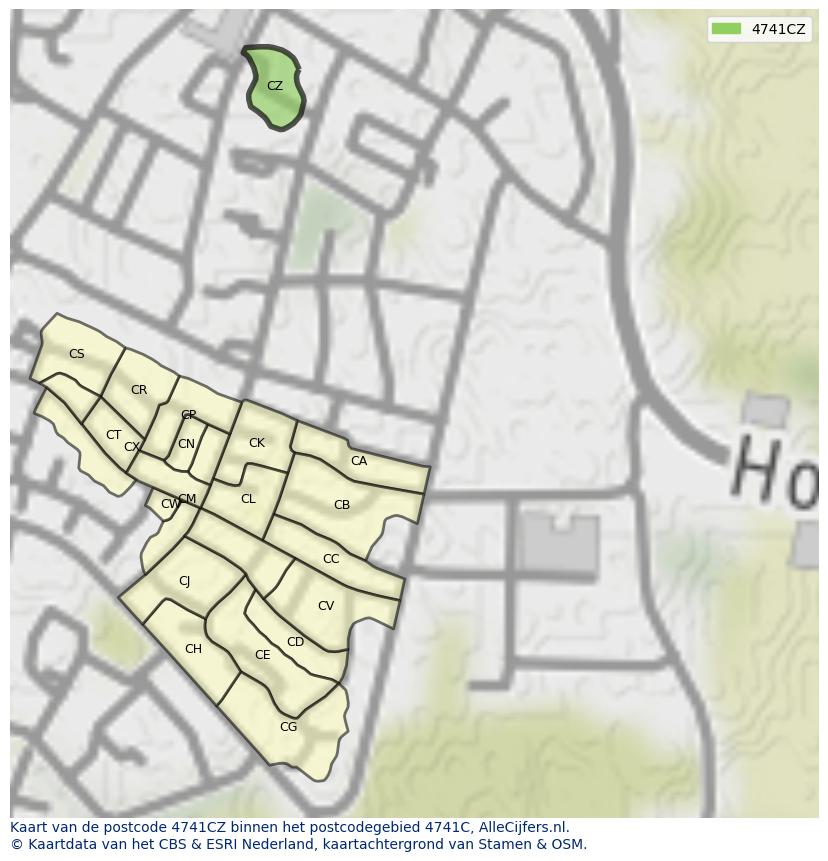 Afbeelding van het postcodegebied 4741 CZ op de kaart.