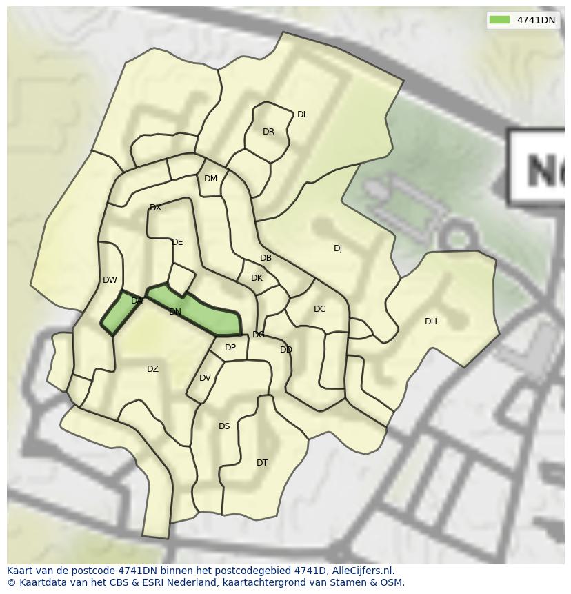 Afbeelding van het postcodegebied 4741 DN op de kaart.