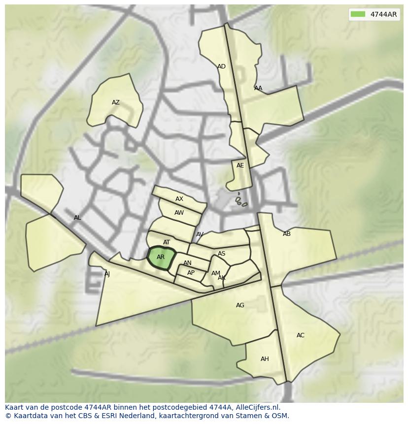 Afbeelding van het postcodegebied 4744 AR op de kaart.