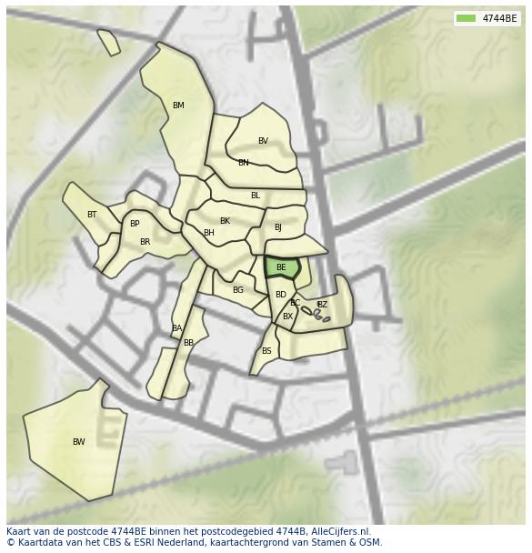 Afbeelding van het postcodegebied 4744 BE op de kaart.