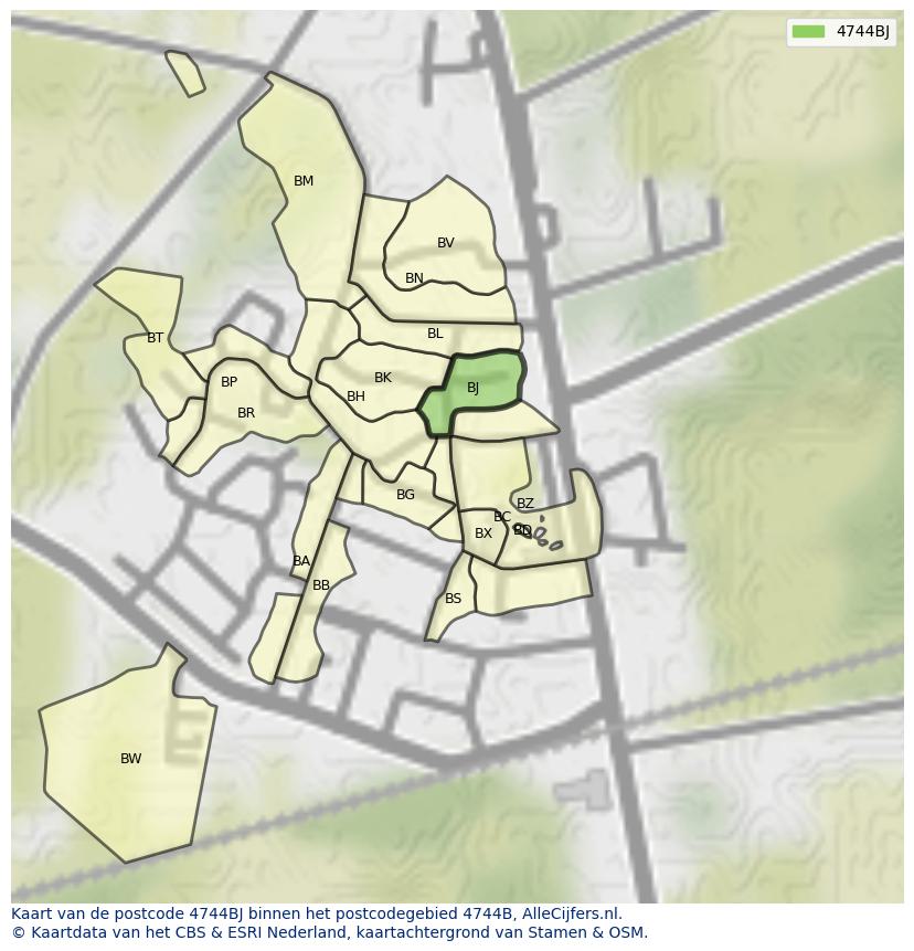 Afbeelding van het postcodegebied 4744 BJ op de kaart.