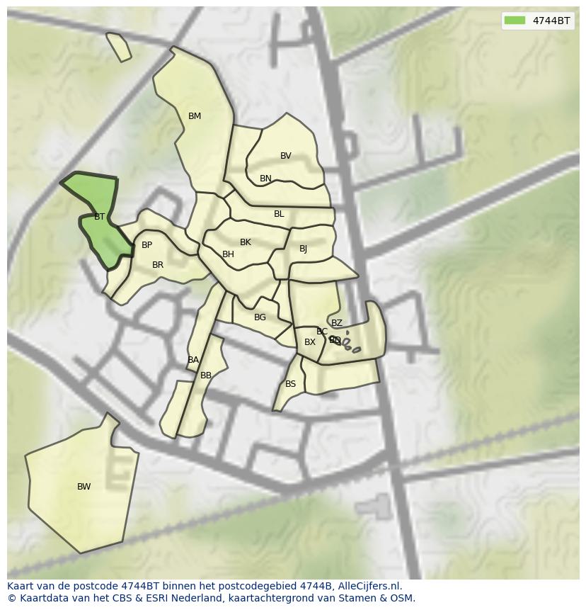 Afbeelding van het postcodegebied 4744 BT op de kaart.