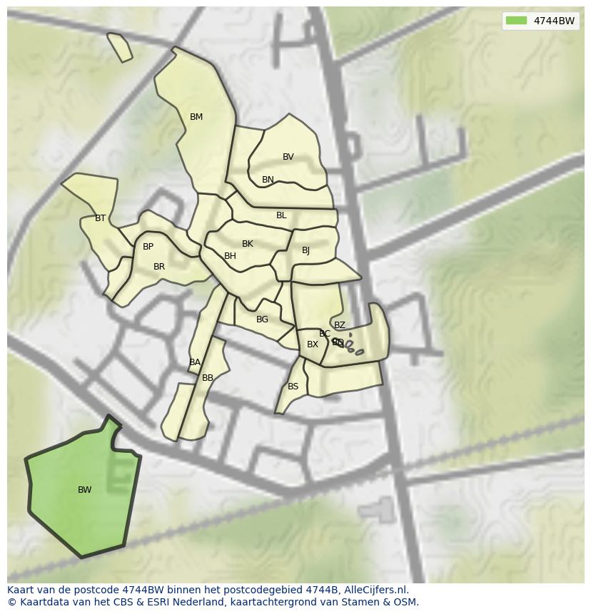 Afbeelding van het postcodegebied 4744 BW op de kaart.