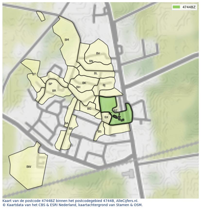 Afbeelding van het postcodegebied 4744 BZ op de kaart.
