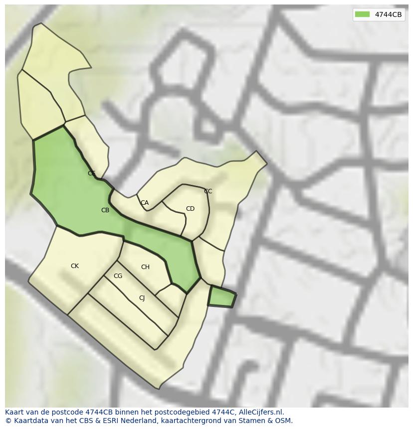 Afbeelding van het postcodegebied 4744 CB op de kaart.