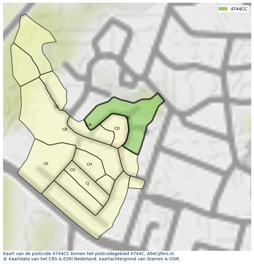 Afbeelding van het postcodegebied 4744 CC op de kaart.