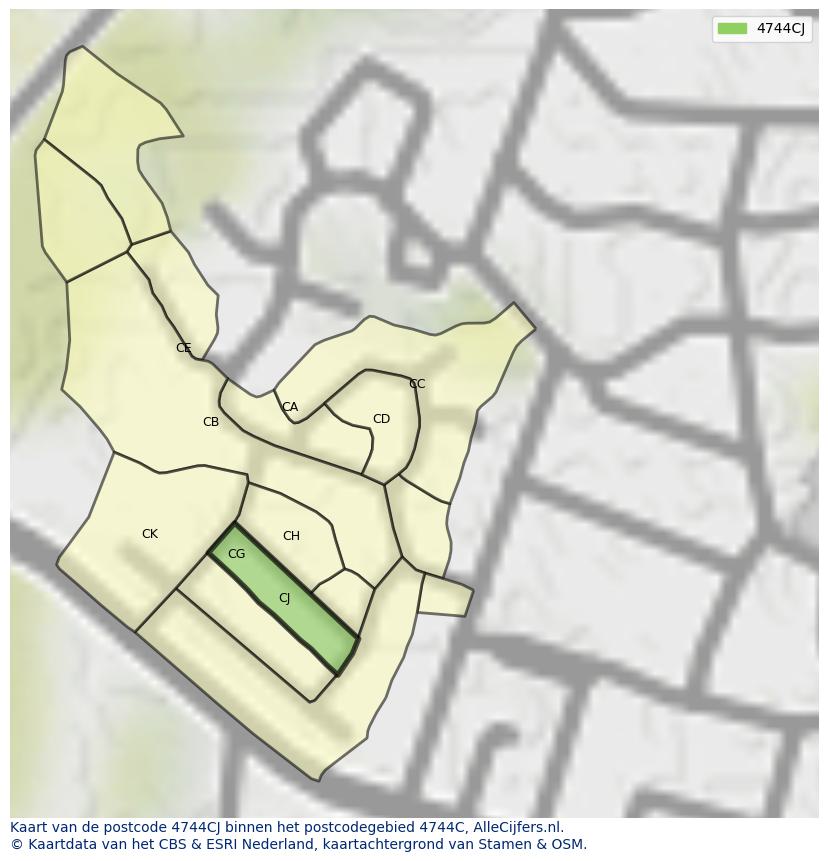 Afbeelding van het postcodegebied 4744 CJ op de kaart.
