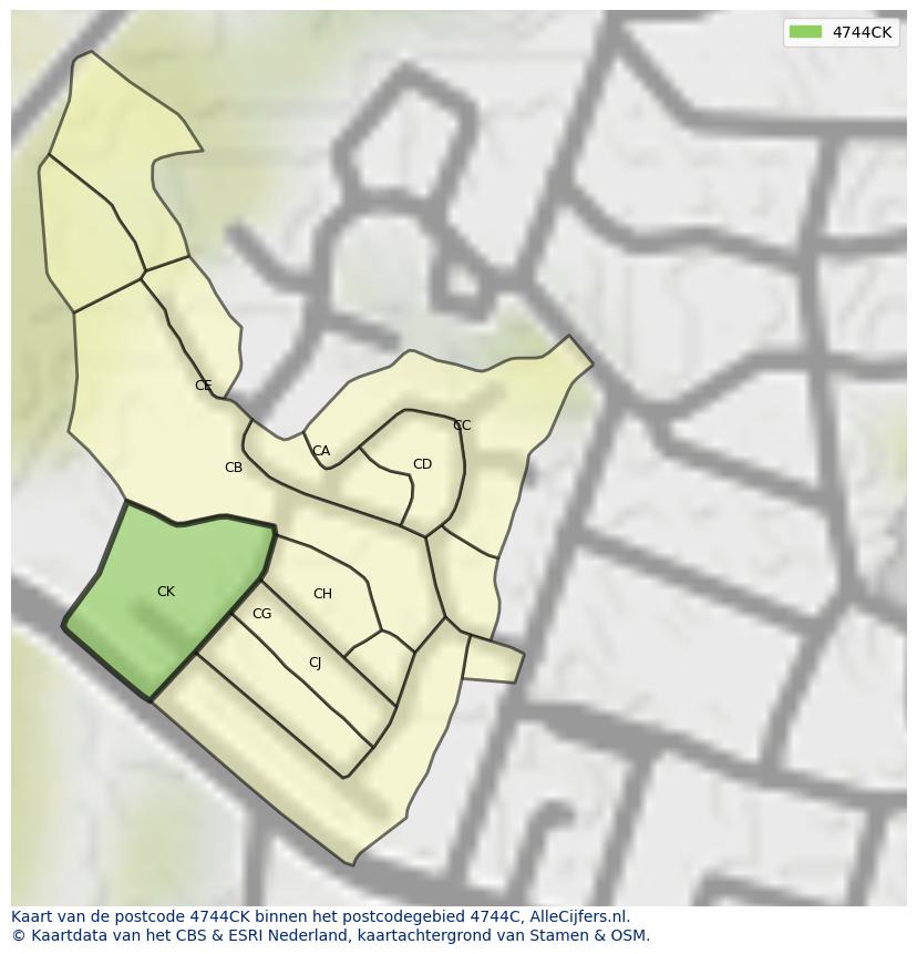 Afbeelding van het postcodegebied 4744 CK op de kaart.