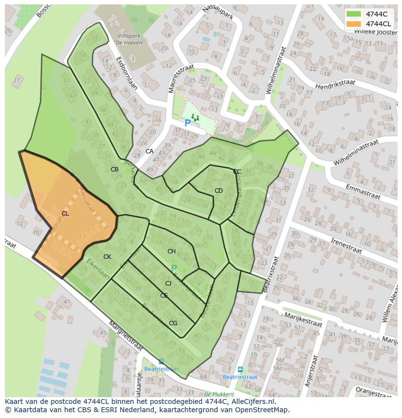 Afbeelding van het postcodegebied 4744 CL op de kaart.
