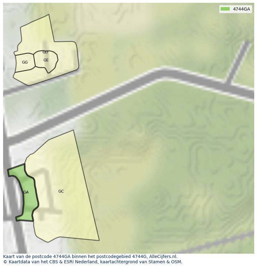 Afbeelding van het postcodegebied 4744 GA op de kaart.