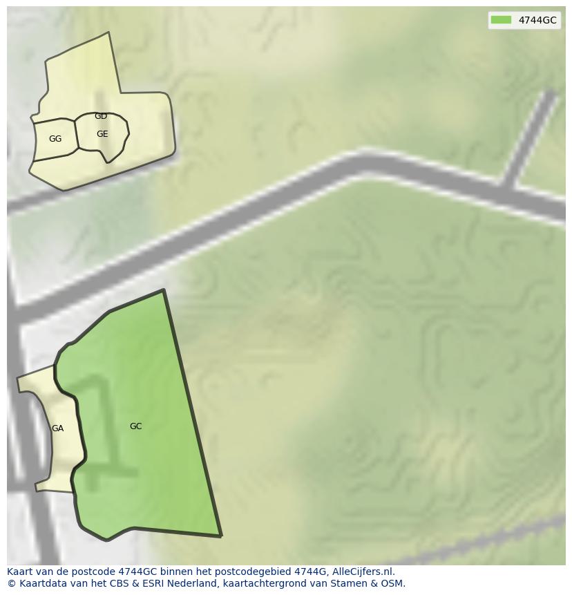 Afbeelding van het postcodegebied 4744 GC op de kaart.