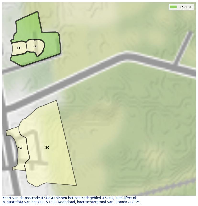 Afbeelding van het postcodegebied 4744 GD op de kaart.
