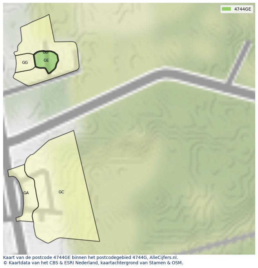 Afbeelding van het postcodegebied 4744 GE op de kaart.