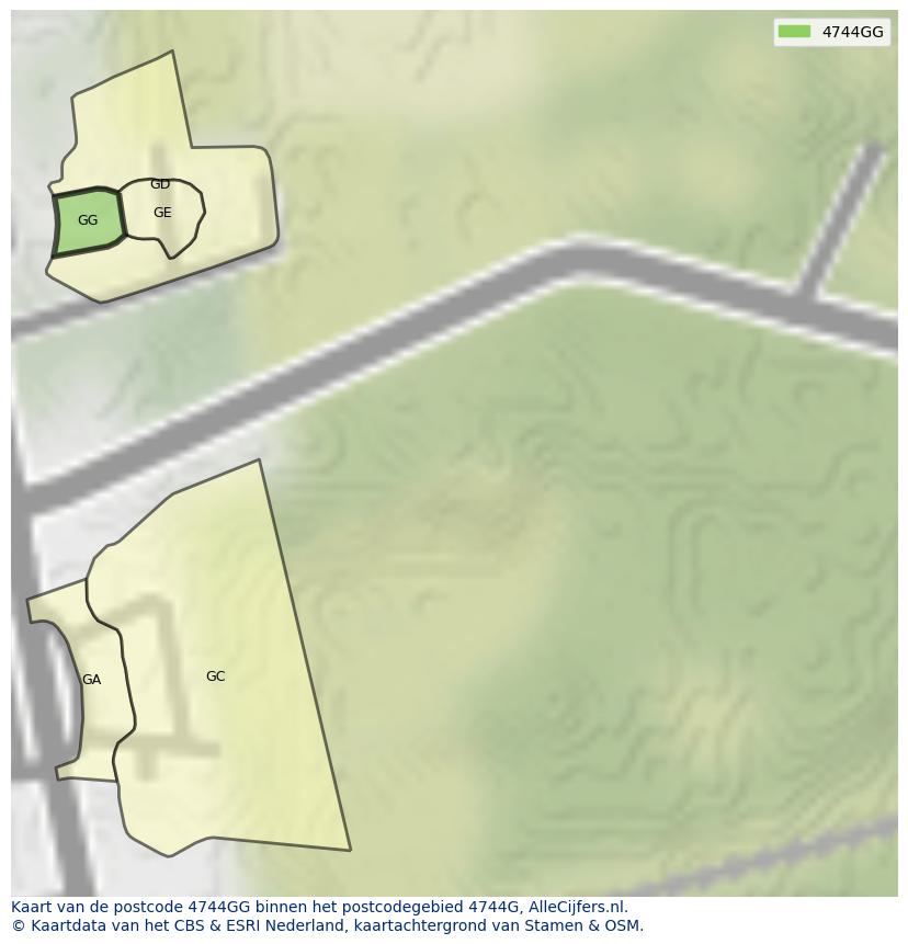 Afbeelding van het postcodegebied 4744 GG op de kaart.
