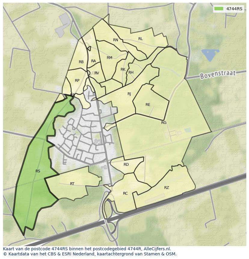 Afbeelding van het postcodegebied 4744 RS op de kaart.