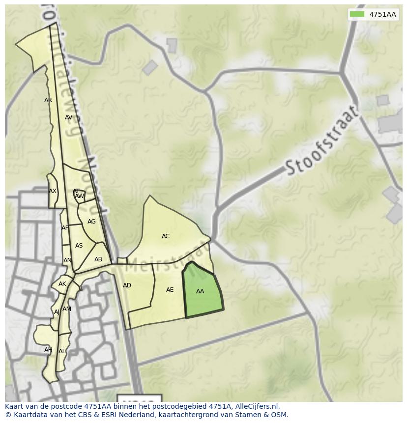 Afbeelding van het postcodegebied 4751 AA op de kaart.