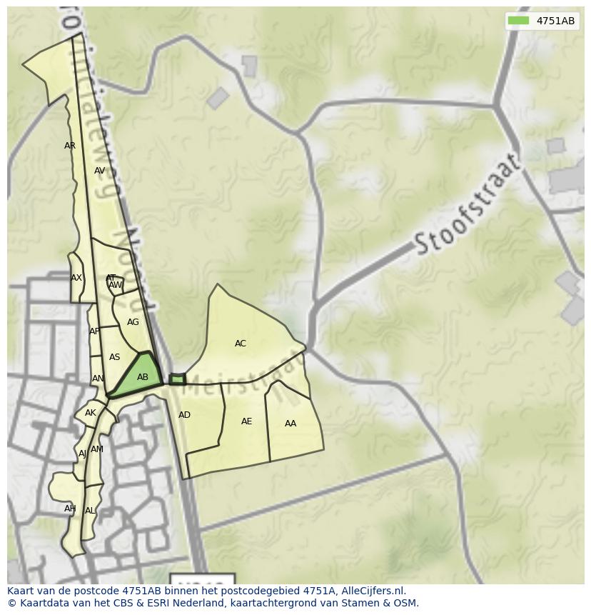 Afbeelding van het postcodegebied 4751 AB op de kaart.