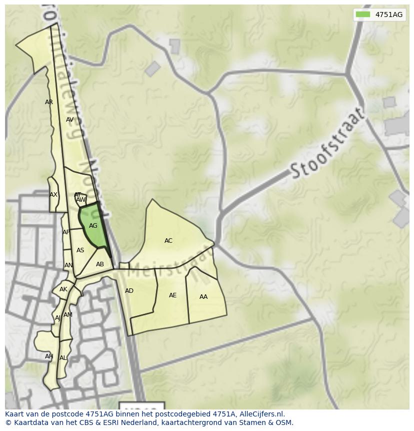 Afbeelding van het postcodegebied 4751 AG op de kaart.