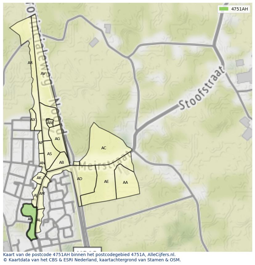 Afbeelding van het postcodegebied 4751 AH op de kaart.