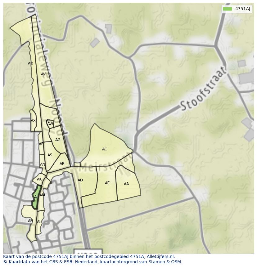 Afbeelding van het postcodegebied 4751 AJ op de kaart.