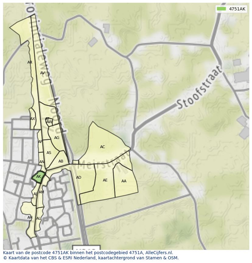 Afbeelding van het postcodegebied 4751 AK op de kaart.