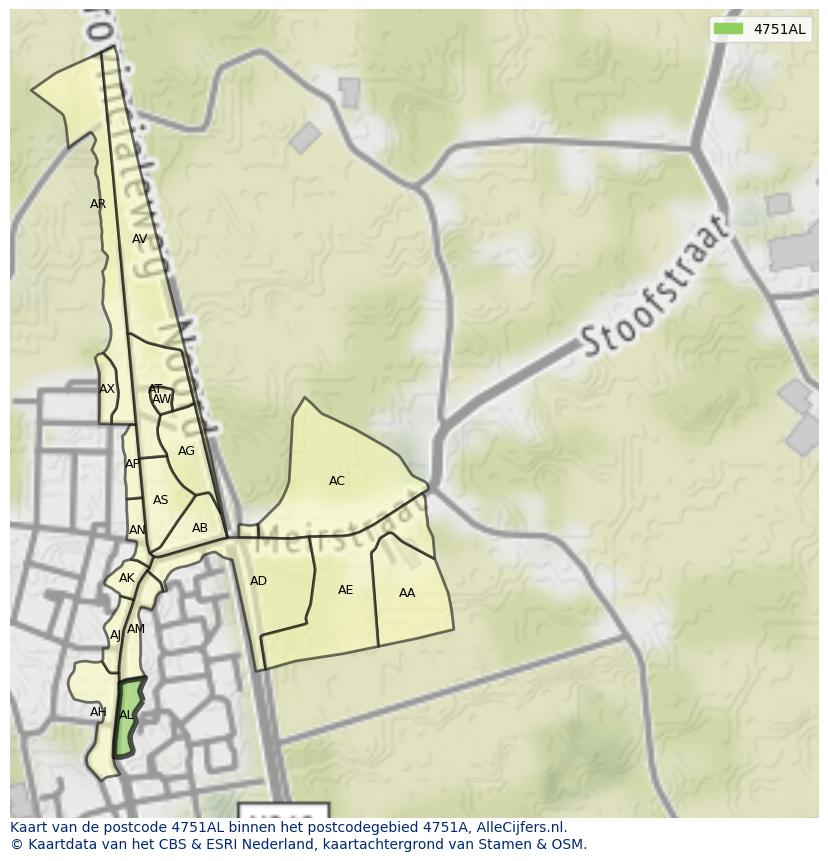 Afbeelding van het postcodegebied 4751 AL op de kaart.